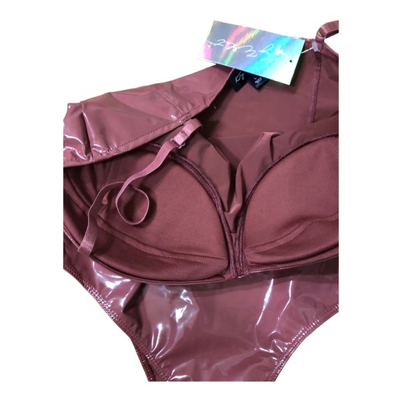 Mauve brown Patent leather glossy padded spaghetti strap bustier bodysuit size L - Picture 12 of 15